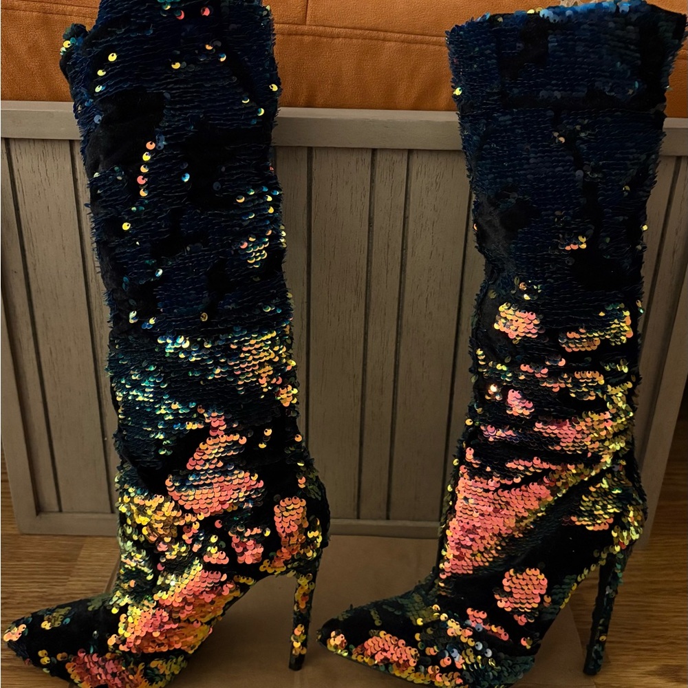 Sequin Embellished Knee-High Boots